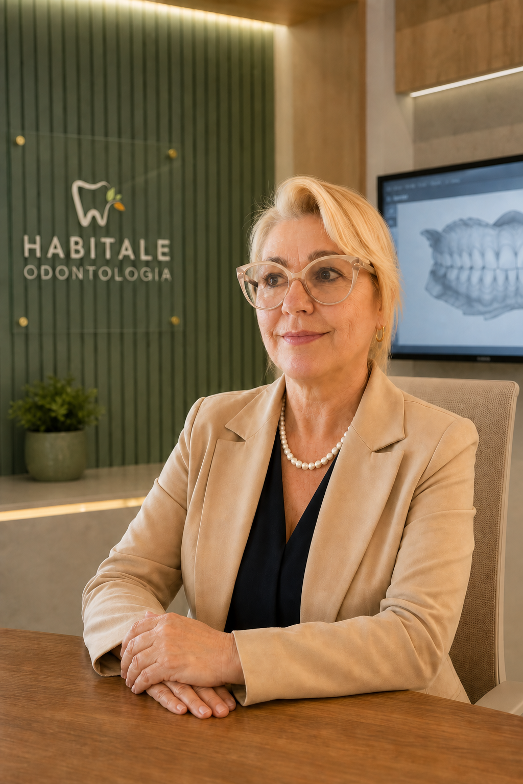 Dra. Irene Fanny Ritzel sentada atrás de uma mesa, com a cabeça erguida e voltada para o monitor