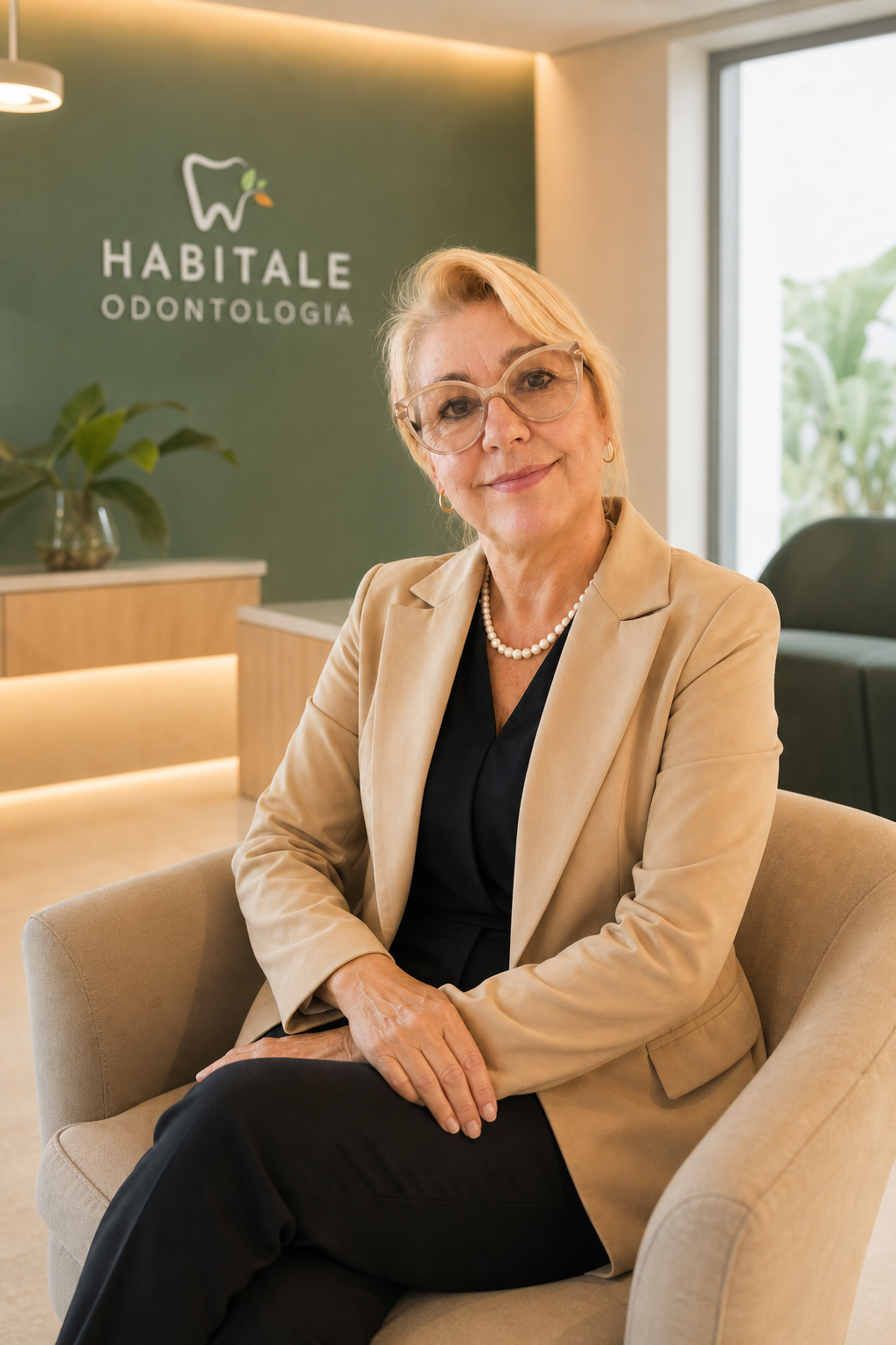 Dra. Irene Fanny Ritzel sentada em uma poltrona na clínica Habitale